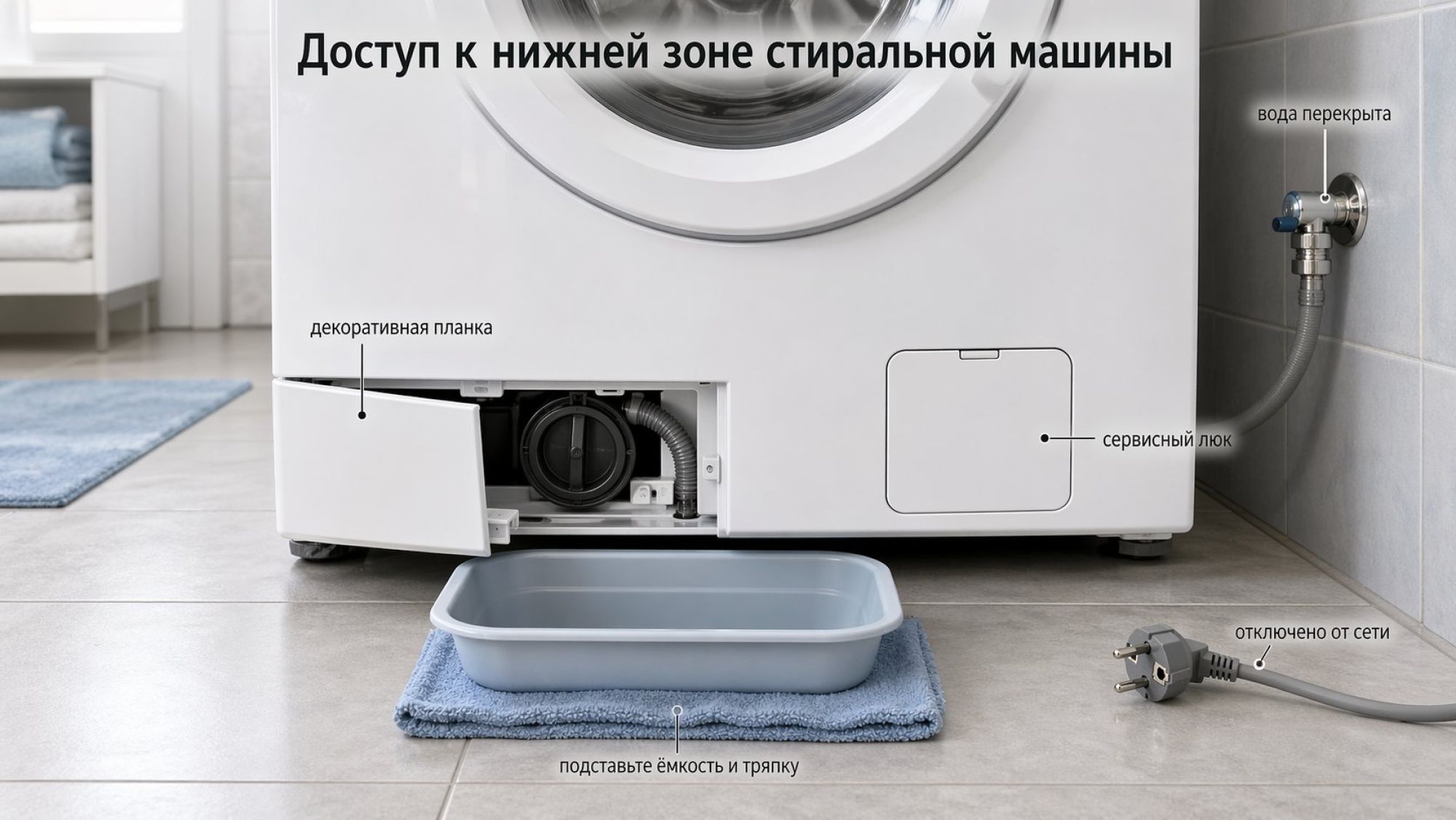 Современная стиральная машина в интерьере ванной, вид немного сверху и спереди, акцент на нижней передней зоне. Машина слегка отодвинута от стены. На передней панели крупной