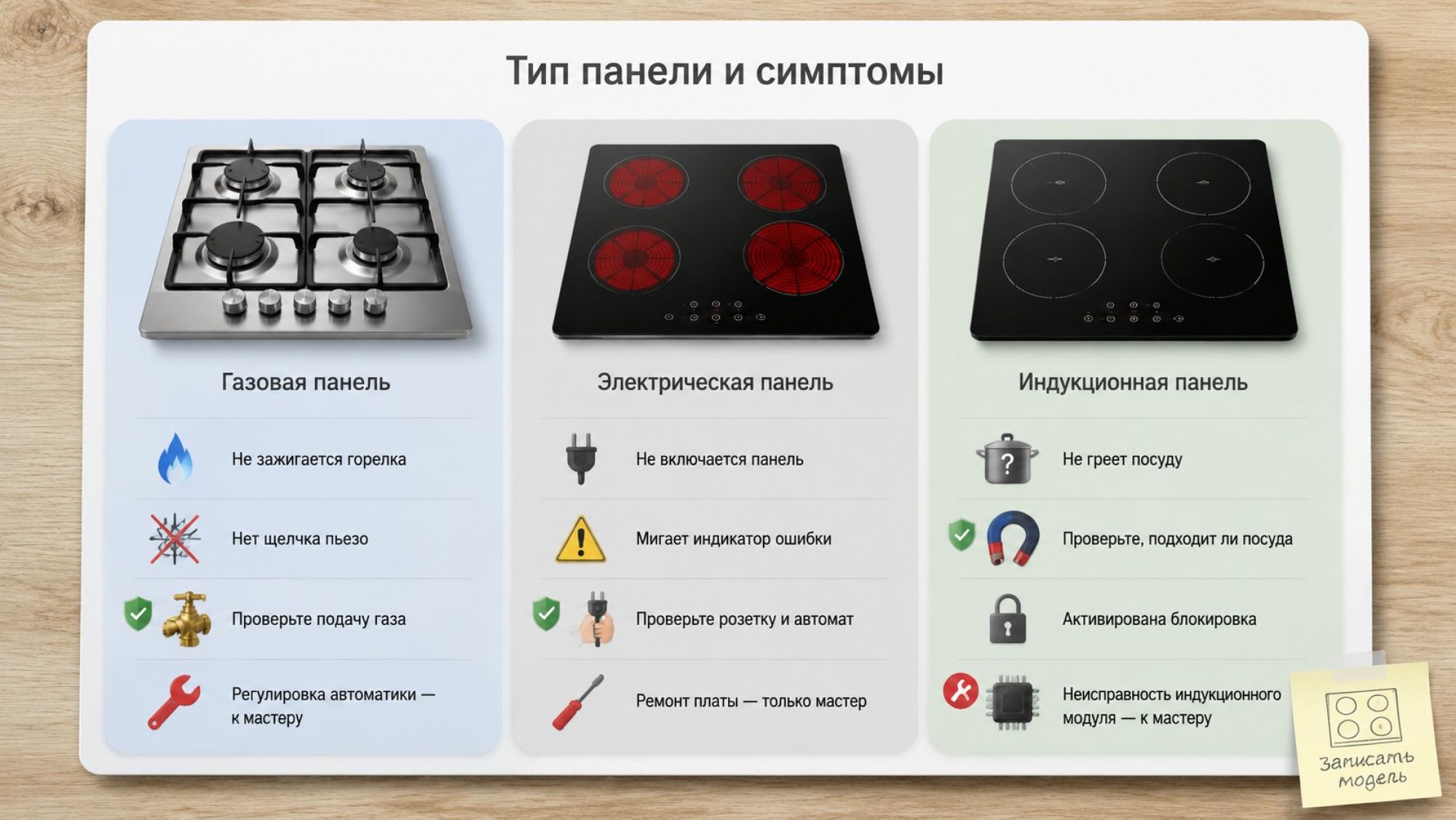 Горизонтальная инфографика-матрица на светлом фоне: три большие вертикальные колонки с мягкими иконками, сверху общий заголовок крупным шрифтом по центру: «Тип панели и симптомы»