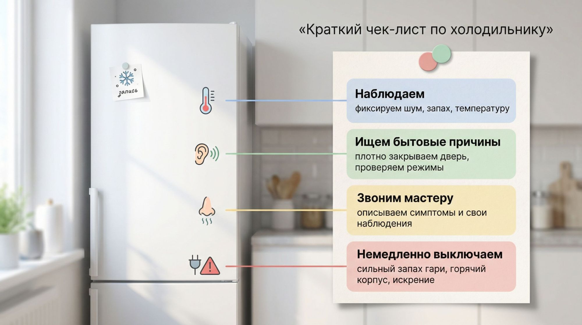 Вертикальная инфографика‑чек‑лист на светлом фоне, стилизованная под аккуратный лист заметок на магнитах к дверце холодильника. Слева схематично показан белый холодильник в