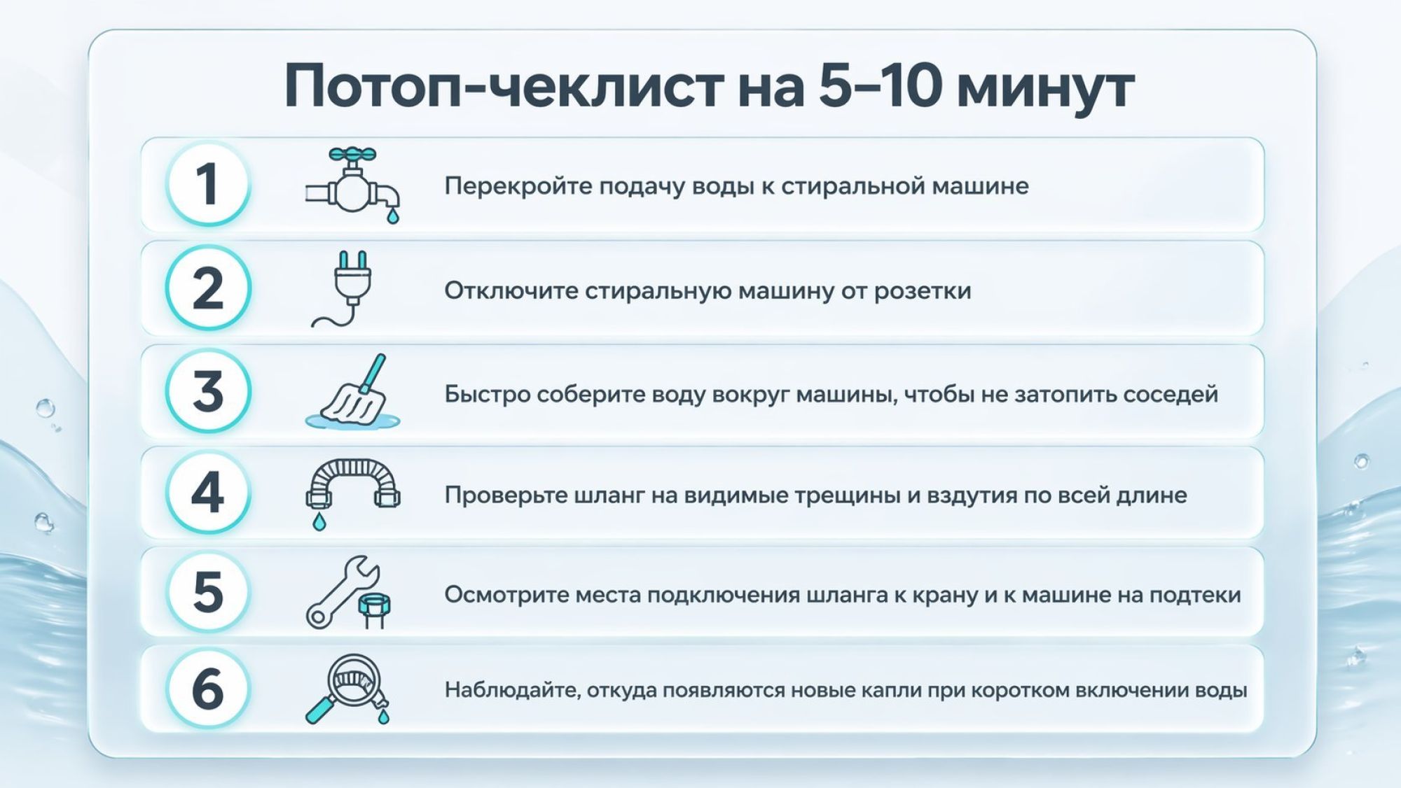 Плоская инфографика в виде вертикального чек-листа «Потоп‑чеклист 5–10 минут». Слева иконки шагов, справа короткие пояснения. Заголовок наверху крупным шрифтом: «Потоп‑чеклист