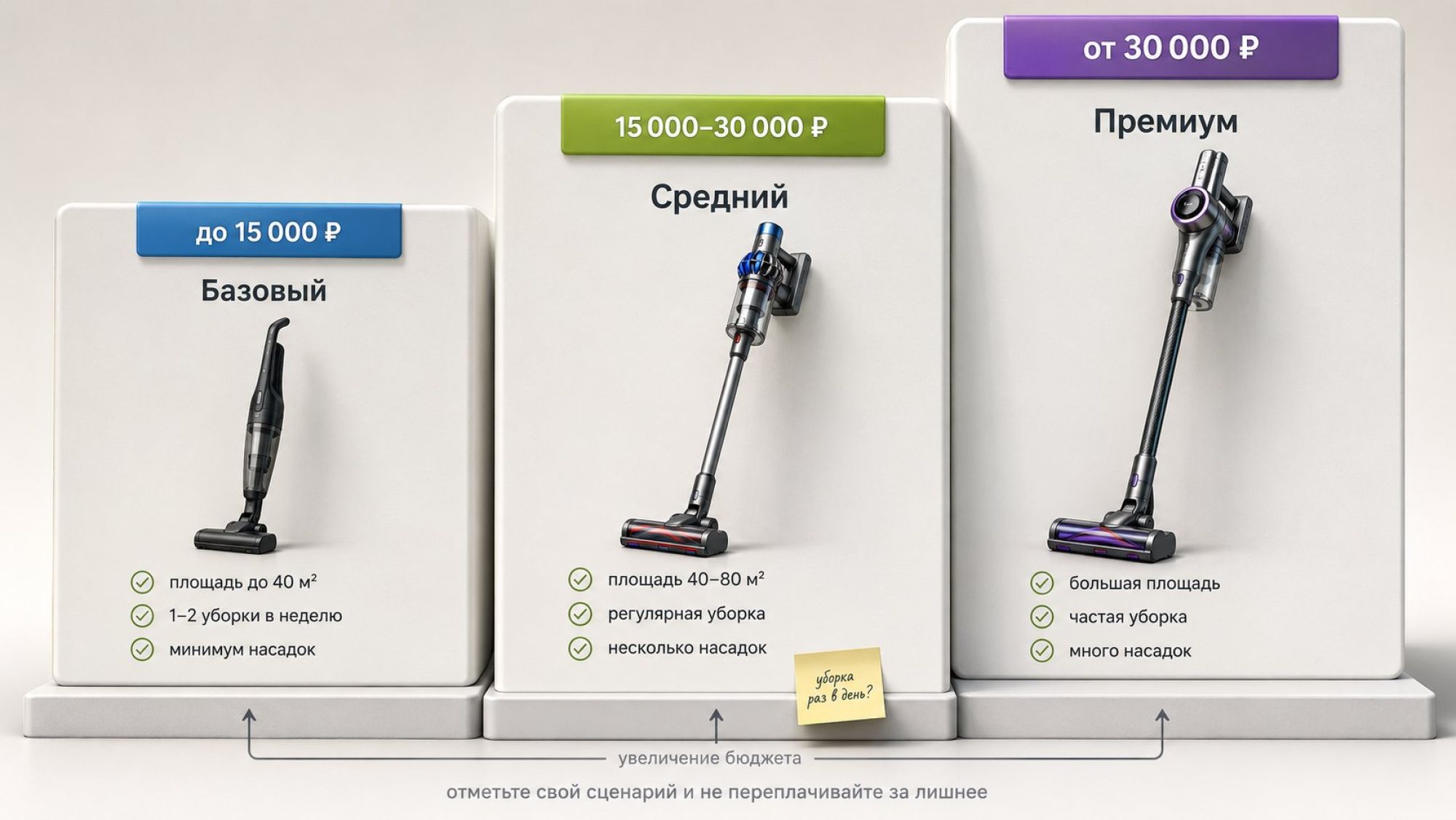 Горизонтальная инфографика‑лестница на светлом фоне с тремя крупными блоками‑ступенями: слева «Базовый», в центре «Средний», справа «Премиум». Каждая ступень оформлена как