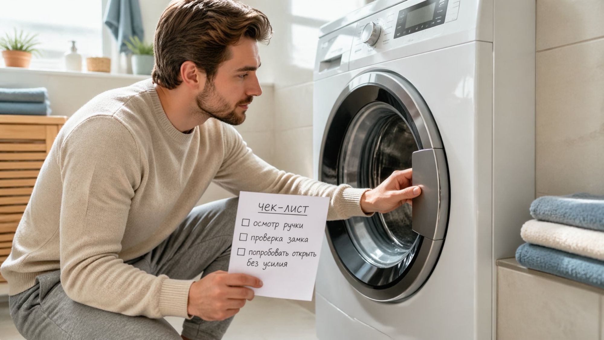 Современная светлая ванная комната в нейтральных тонах, в центре крупным планом фронтальная стиральная машина. Человек в спокойной домашней одежде присел на корточки перед люком