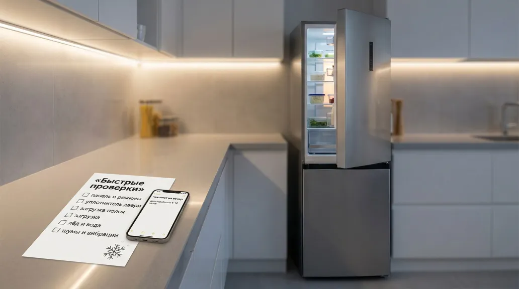 Современная аккуратная кухня в нейтральных тонах, в центре — двухкамерный холодильник, дверь холодильного отделения наполовину приоткрыта, морозилка закрыта. Рядом на столешнице