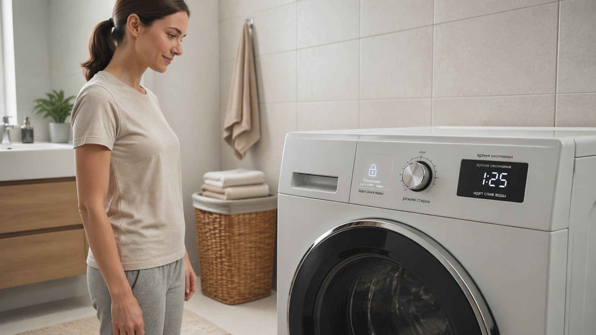 Вид сбоку современной стиральной машины в ванной комнате в спокойной, аккуратной обстановке. На переднем плане человек в нейтральной домашней одежде слегка наклонился к панели