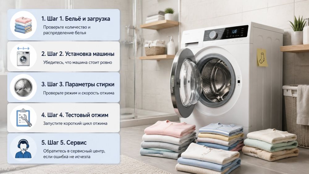 Современная стиральная машина LG в светлой ванной, дверца чуть приоткрыта, рядом на полу аккуратные стопки белья. Слева от машины вертикальный чек‑лист из 5 крупных шагов, каждый