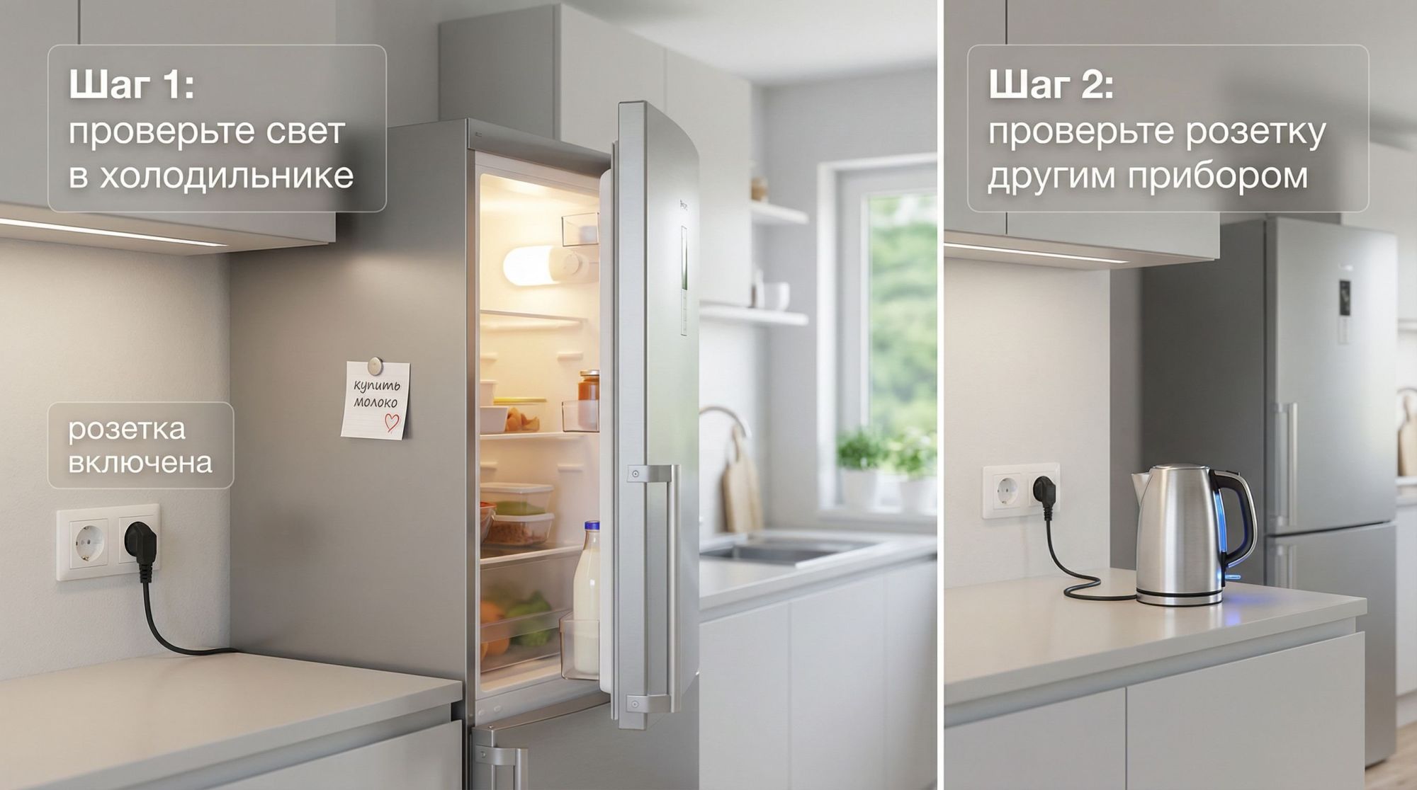 Современная кухня, на переднем плане высокий холодильник, дверца чуть приоткрыта. Внутри холодильника хорошо видна лампочка в верхнем углу камеры. Слева вариант 1 (основной