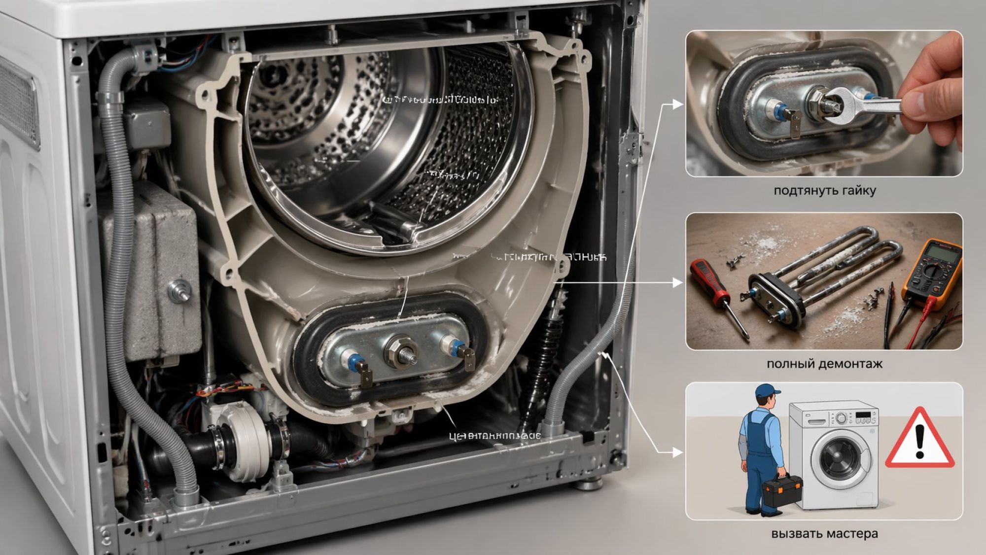 Современная аккуратная изометрическая сцена задней части стиральной машины без крышки. В центре крупно показана зона ТЭНа в разрезе бака: овальное отверстие, в нём металлический