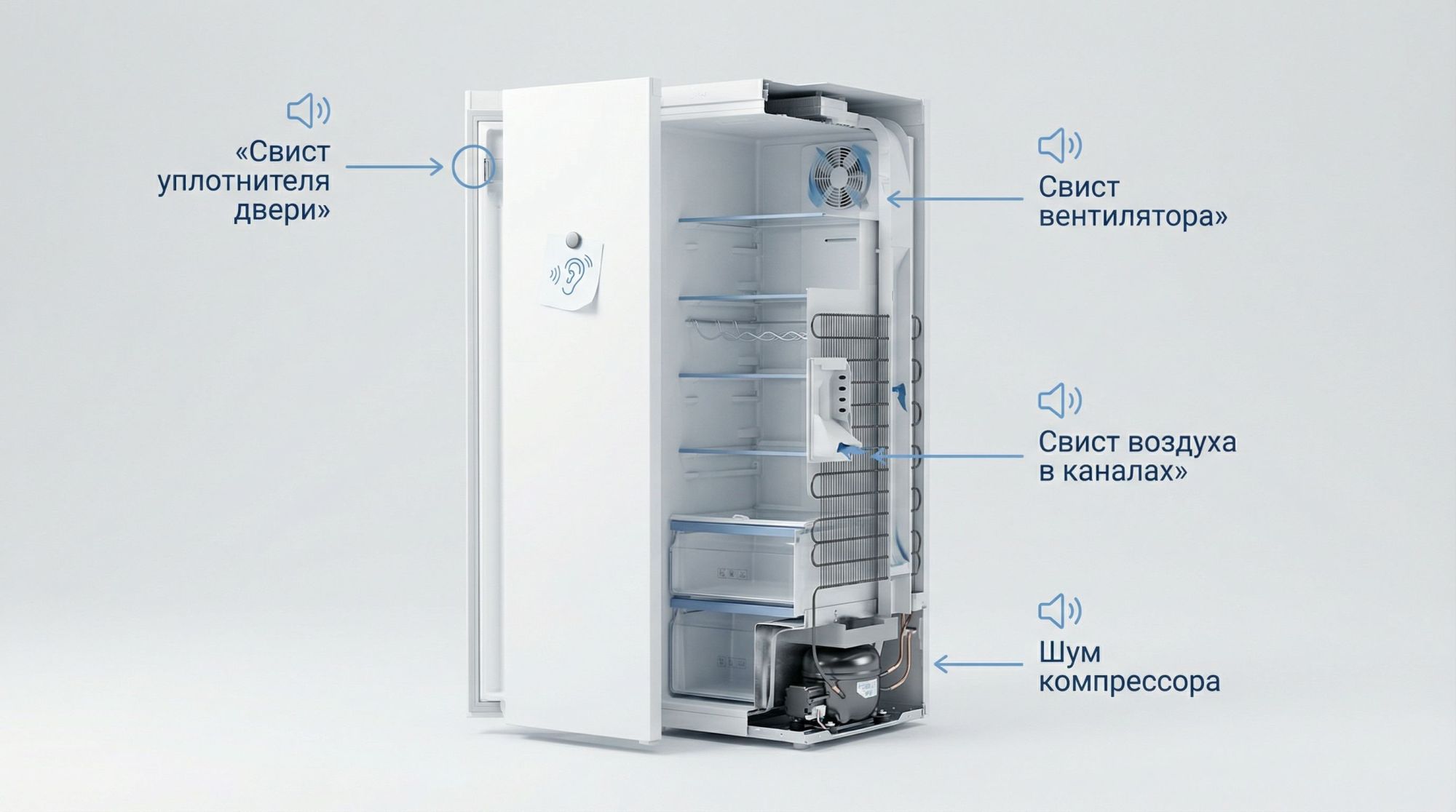 Современный холодильник в полуразборе, вид сбоку в разрезе, фон светлый минимум деталей. Вокруг холодильника расположены четыре аккуратные подписи с небольшими пиктограммами