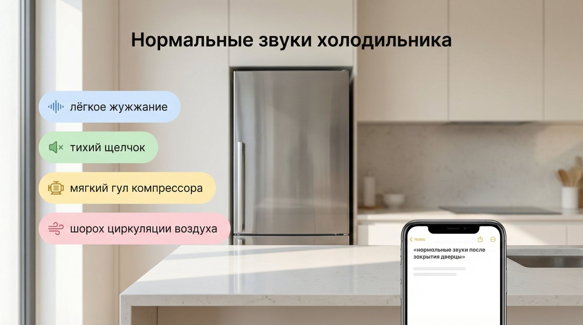 Минималистичная сцена на кухне: на переднем плане современный холодильник с закрытой дверцей, рядом на столешнице лежит смартфон с открытым заметком. Над холодильником крупный