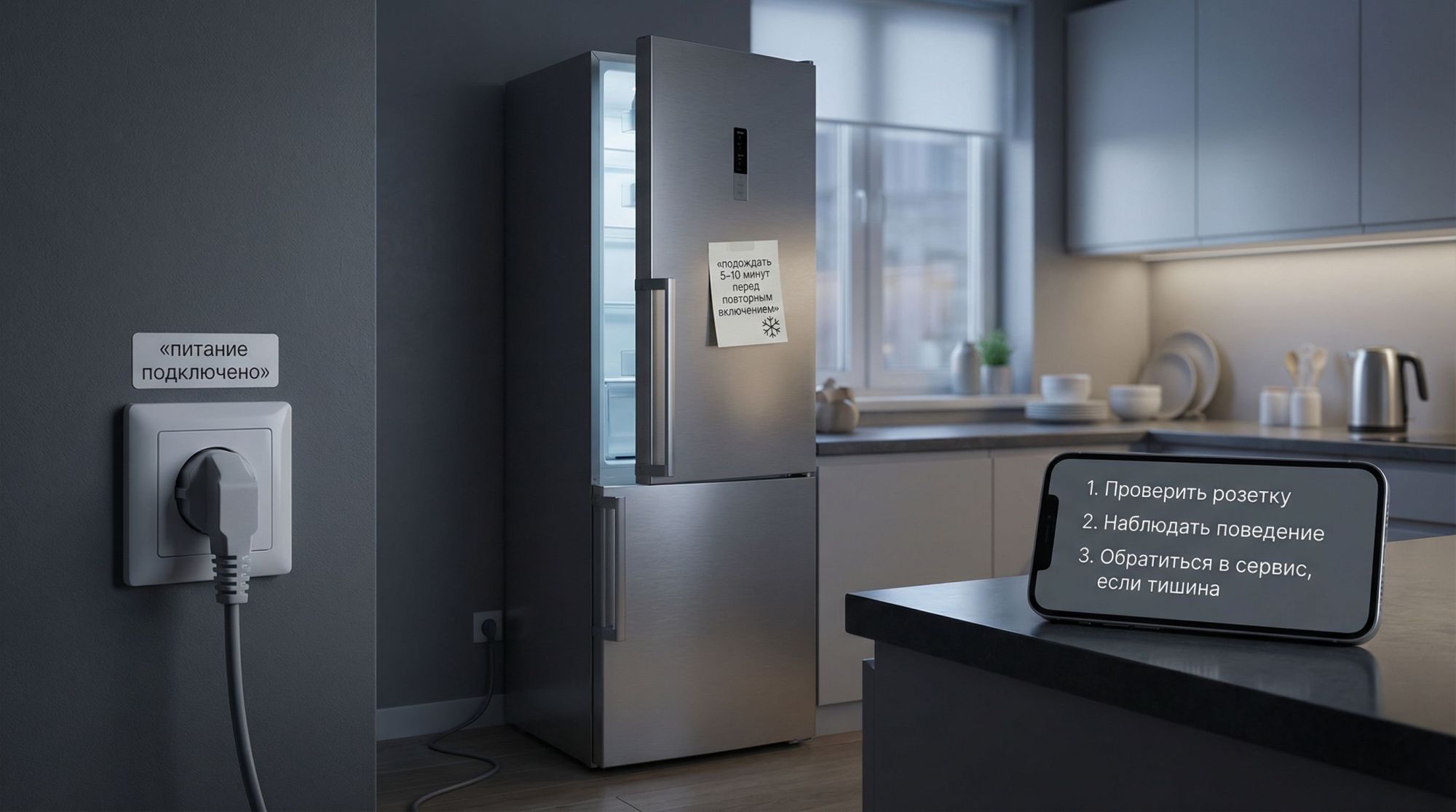 Современная светлая кухня в слегка затемнённой гамме, в центре — высокий отдельностоящий холодильник No Frost. Дверь немного приоткрыта, внутри видно, что лампочка горит, но