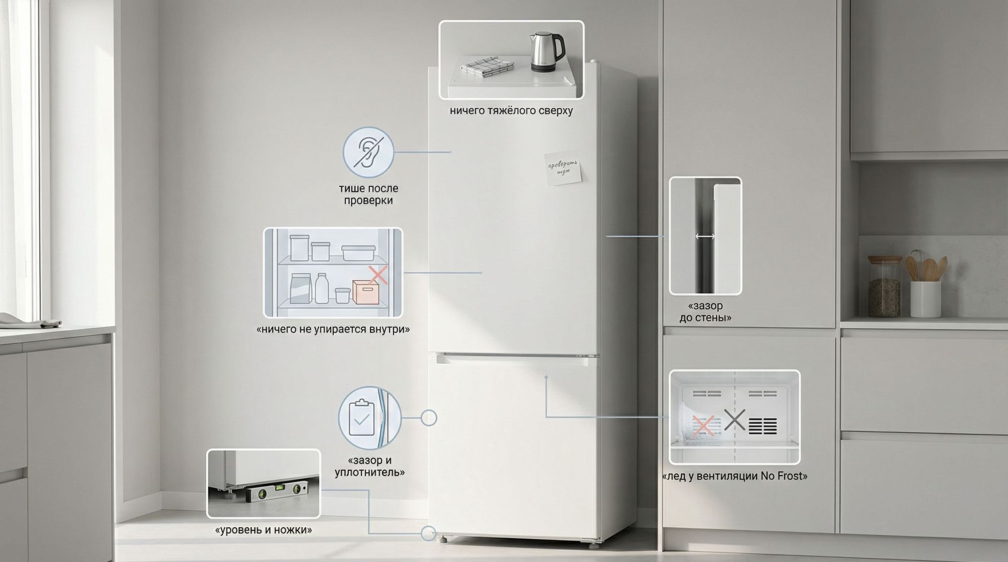 Современная аккуратная кухня в нейтральных тонах, в центре — белый холодильник в полный рост, показанный чуть под углом. Вокруг него расположены небольшие визуальные