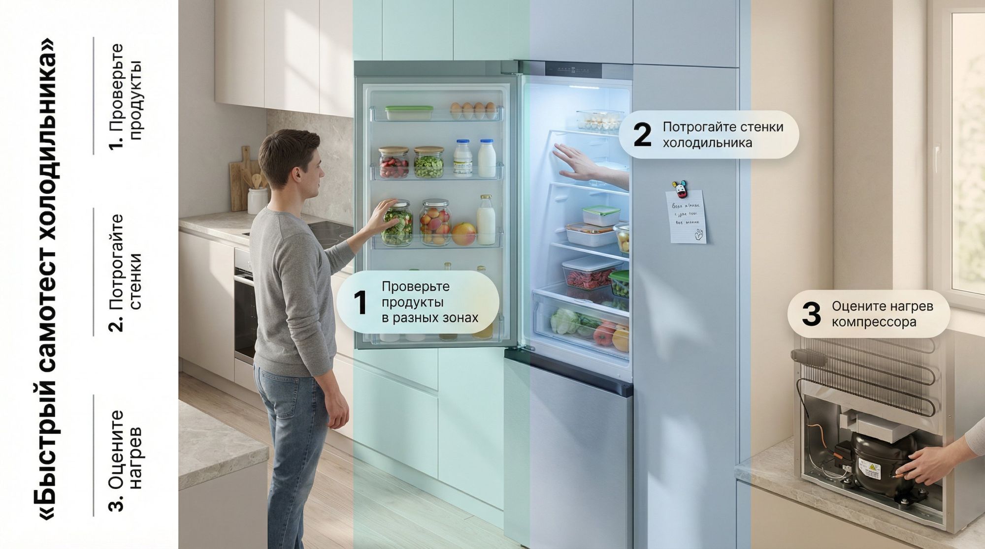 Изометрическая сцена кухни с открытым холодильником. Вид сбоку, слева стоит человек и по шагам проверяет холодильник. Пространство разделено на три условные зоны с аккуратными