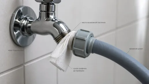 Крупный план участка стены с краном для стиральной машины и подключённым к нему заливным шлангом. Фон нейтральный, светлая плитка без лишних деталей. Слева металлический кран с