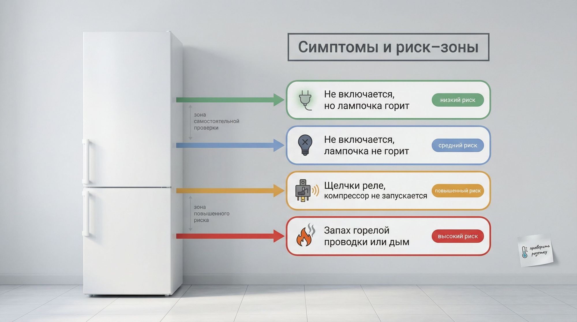 Инфографика в виде вертикального дерева решений по симптомам холодильника, в современном минималистичном стиле. Слева силуэт обычного двухкамерного холодильника, без логотипов, на