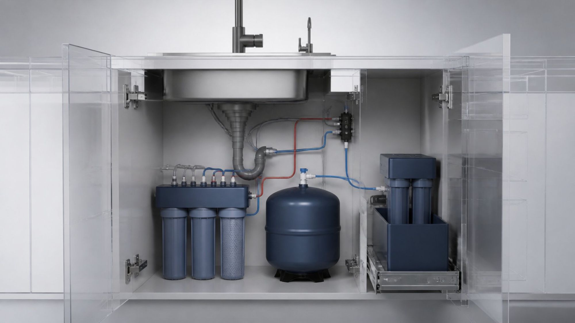 Контрольная раскладка: какие размеры нанести на схему тумбы Плоская clean product-style иллюстрация в стиле Iceberg: открытая тумба под мойкой показана как аккуратная трехпроекционная раскладка без надписей — фронтальный вид основной