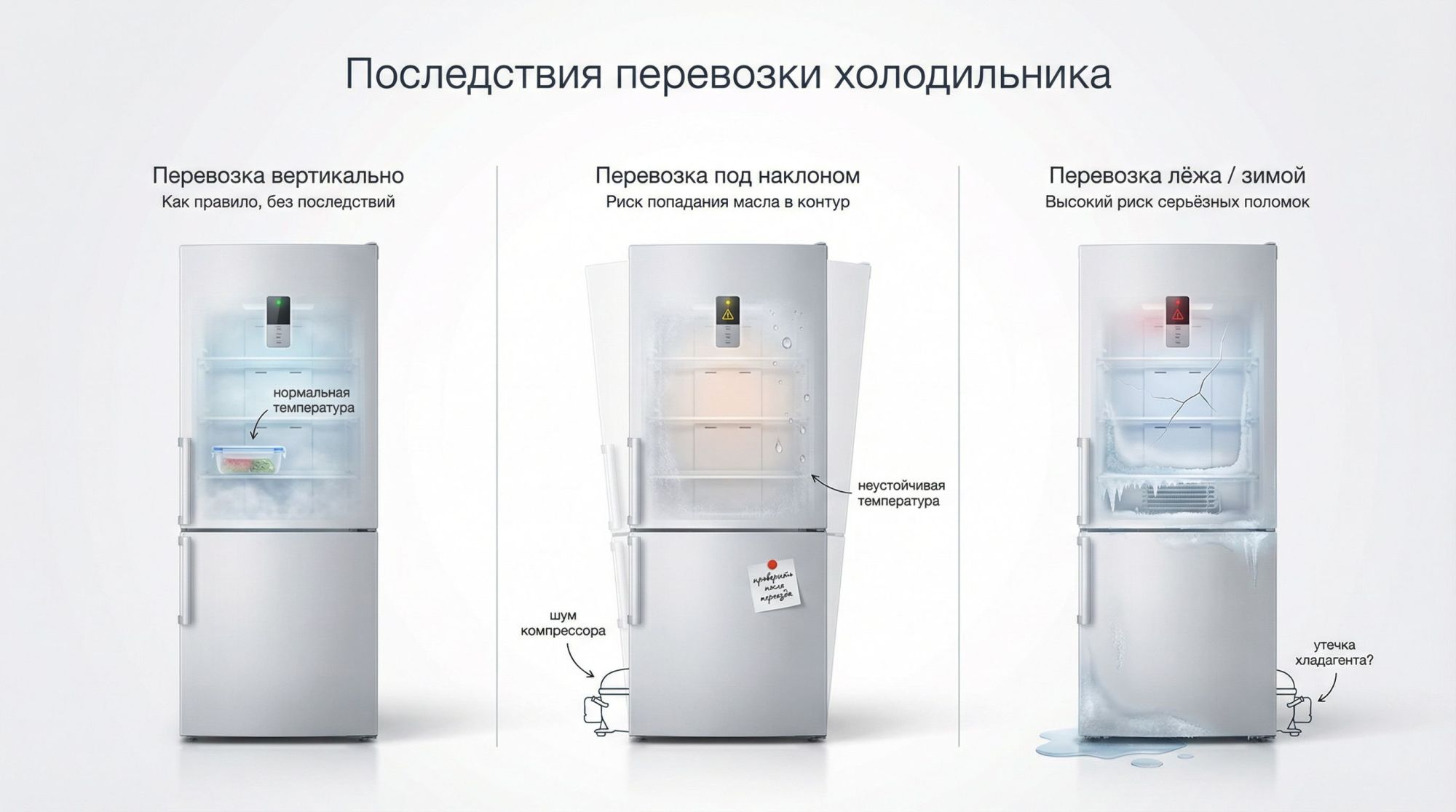 Современная аккуратная иллюстрация: на переднем плане один и тот же холодильник изображён в трёх состояниях, как три отдельные вертикальные зоны, разделённые тонкими светло‑серыми