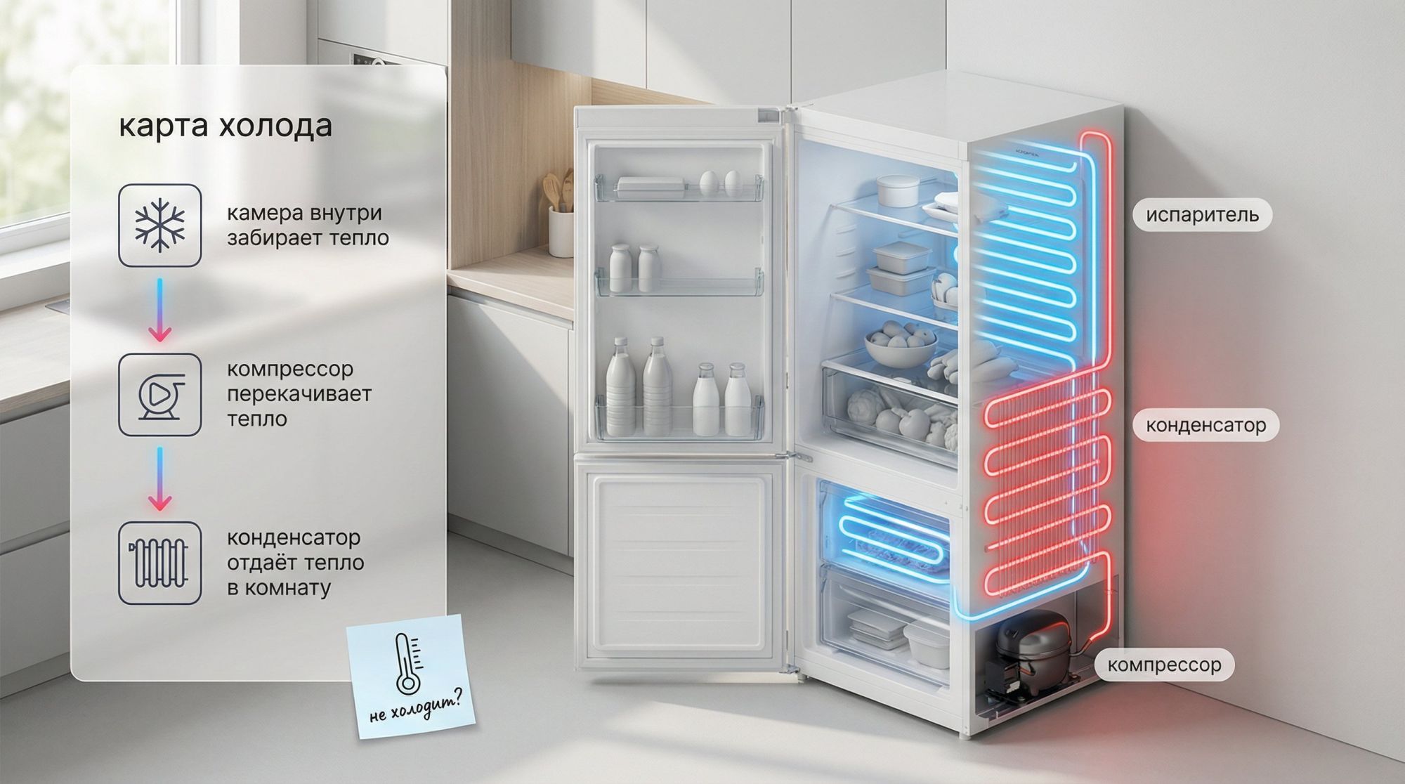 Изометрический разрез двухкамерного холодильника в современном минималистичном стиле. Справа показан корпус холодильника с открытой передней стенкой, видны морозильная камера