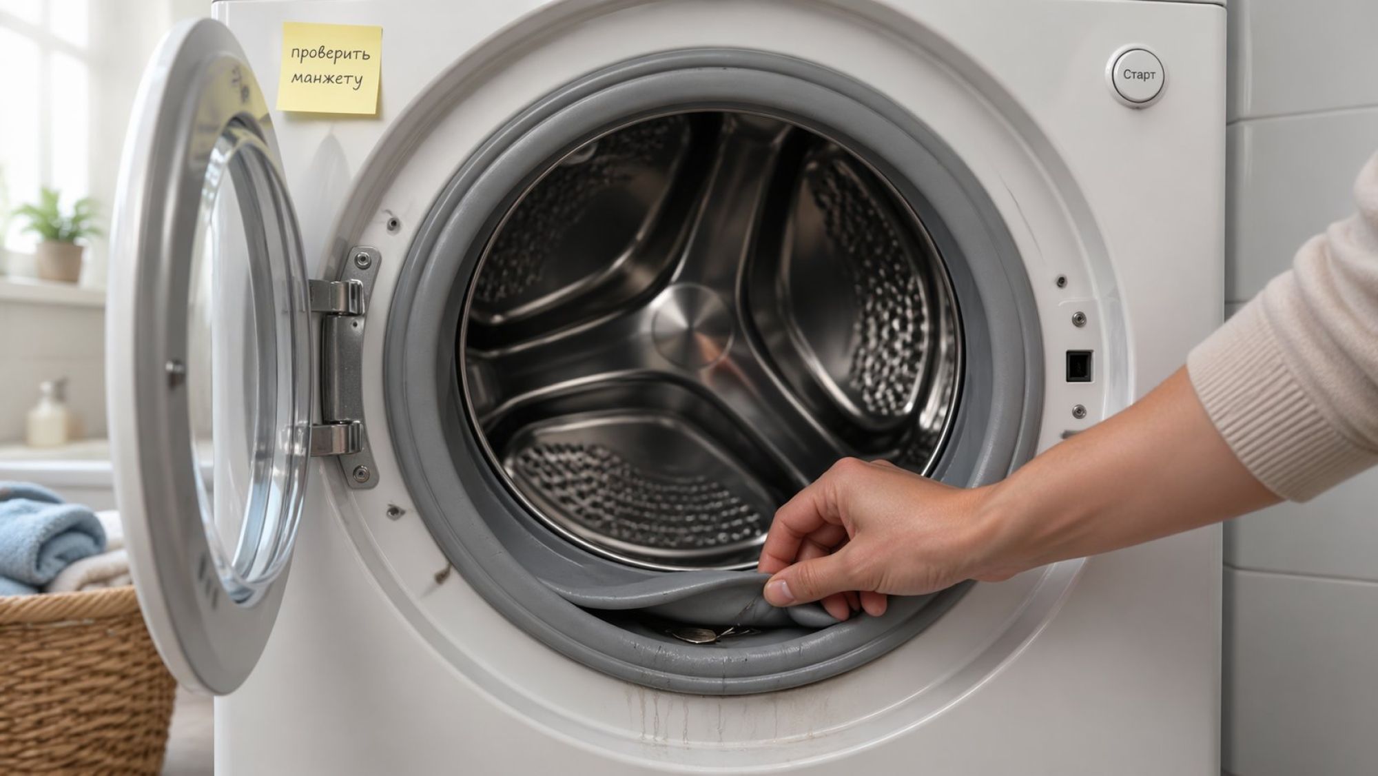 Полуобщий план фронтальной стиральной машины в современном, аккуратном стиле. Дверца люка широко открыта, в центре композиции крупно показана серая резиновая манжета по кругу