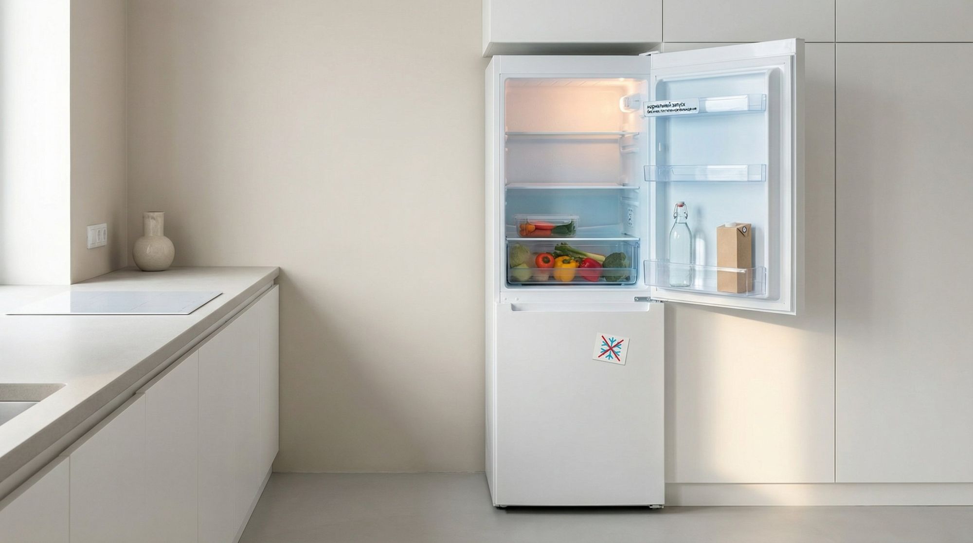 Современная кухня, в центре — обычный белый холодильник, дверь слегка приоткрыта. На внутренней стенке камеры заметна легкая прохлада: мягкий голубоватый оттенок у задней стенки