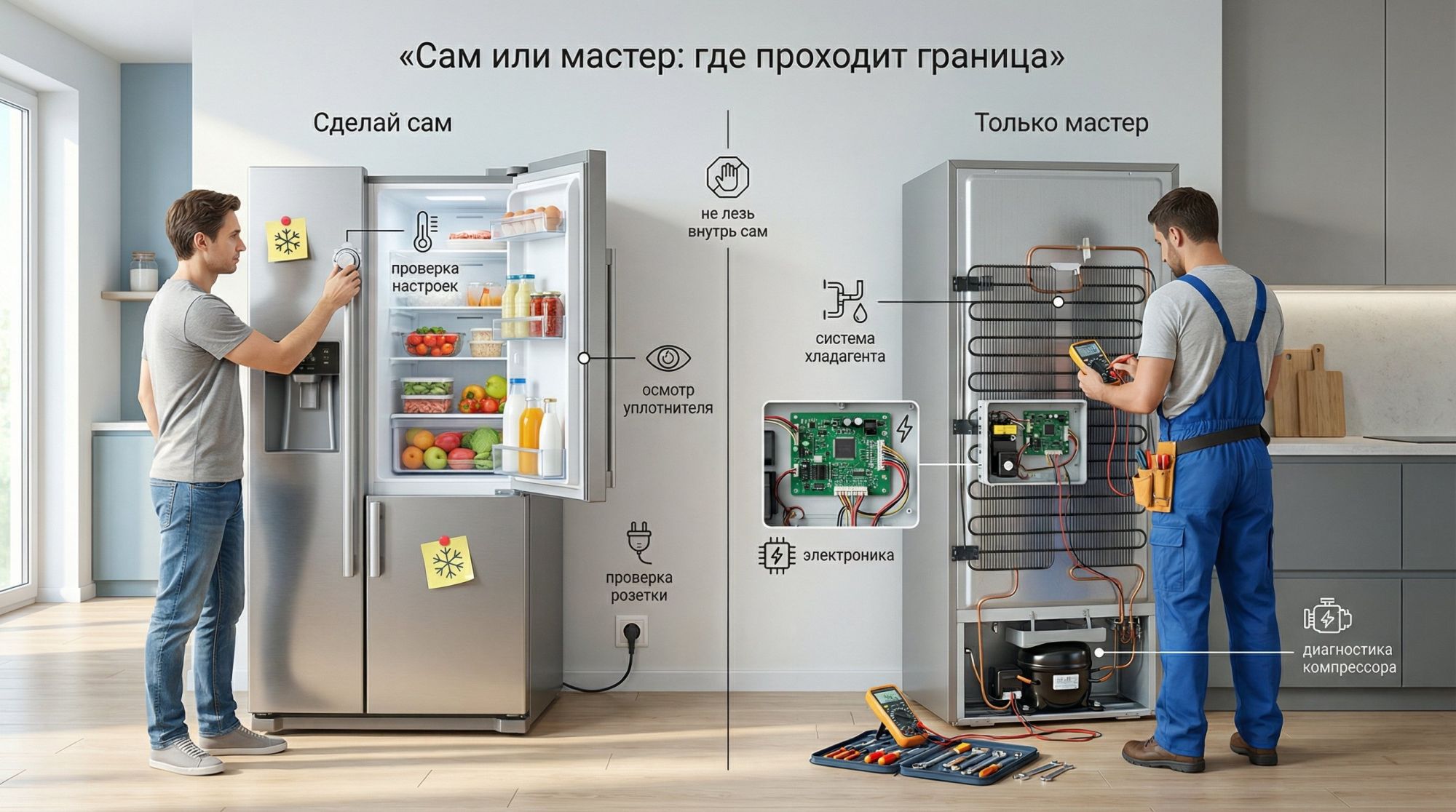 Инфографика в виде вертикально разделенного листа: слева колонка «Сделай сам», справа колонка «Только мастер». Вверху крупный общий заголовок по центру: «Сам или мастер: где