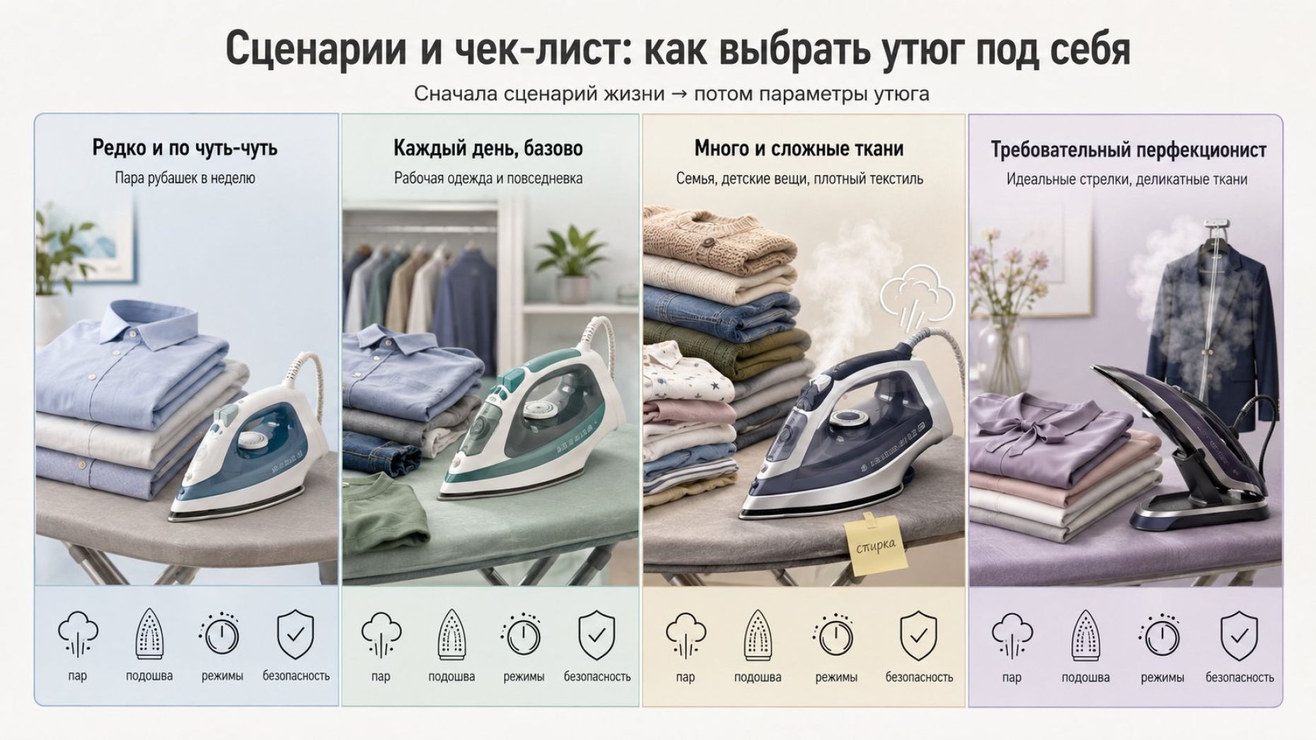 Современная аккуратная инфографика в виде горизонтальной матрицы из четырёх сценариев выбора утюга, без лишних деталей. Фон светлый, вверху крупный заголовок по центру: «Сценарии