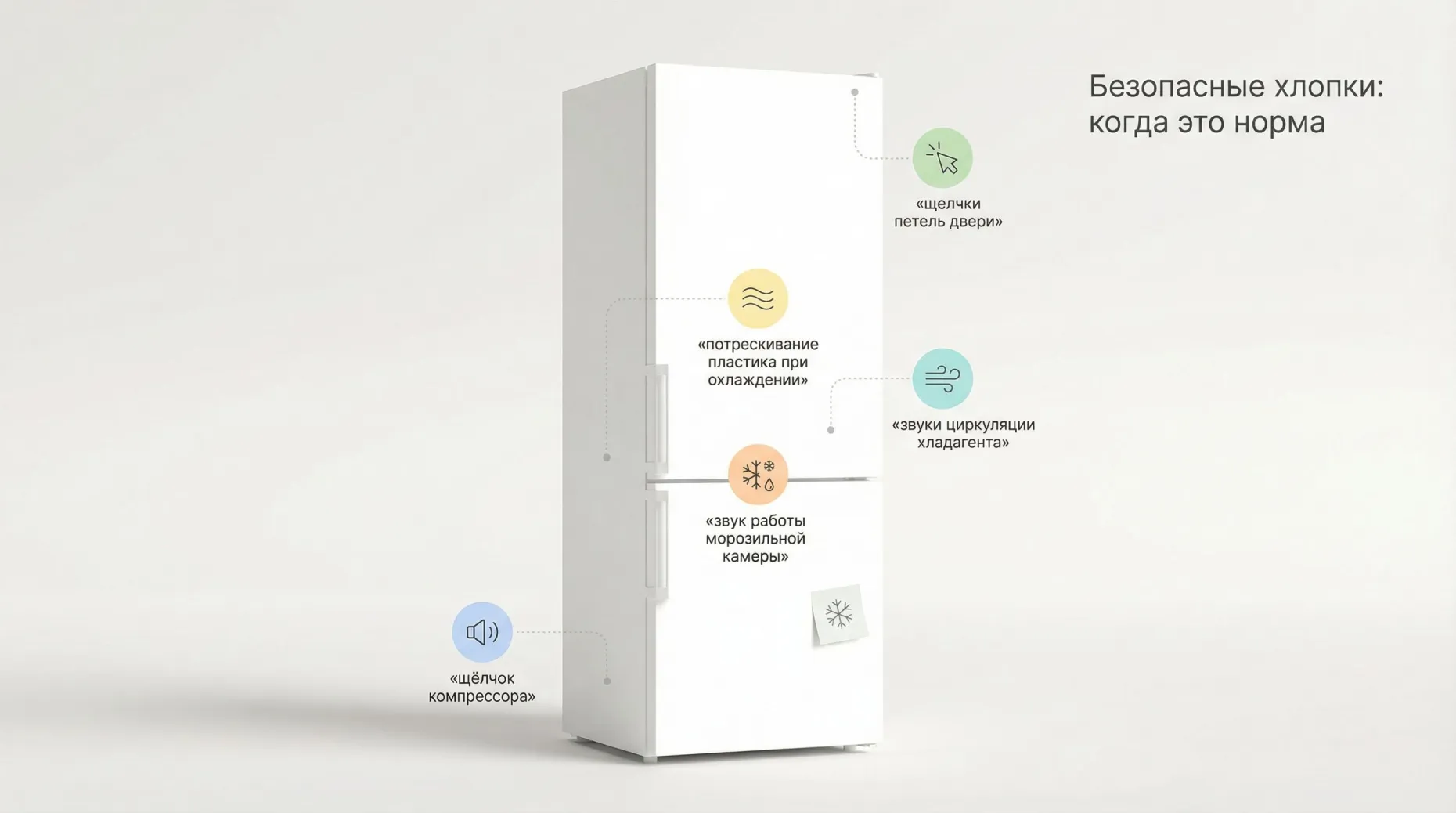Минималистичная инфографика в виде силуэта холодильника на светлом фоне. Внутри и вокруг корпуса размещены мягкие цветные пиктограммы разных «безопасных» звуков с подписью, чтобы
