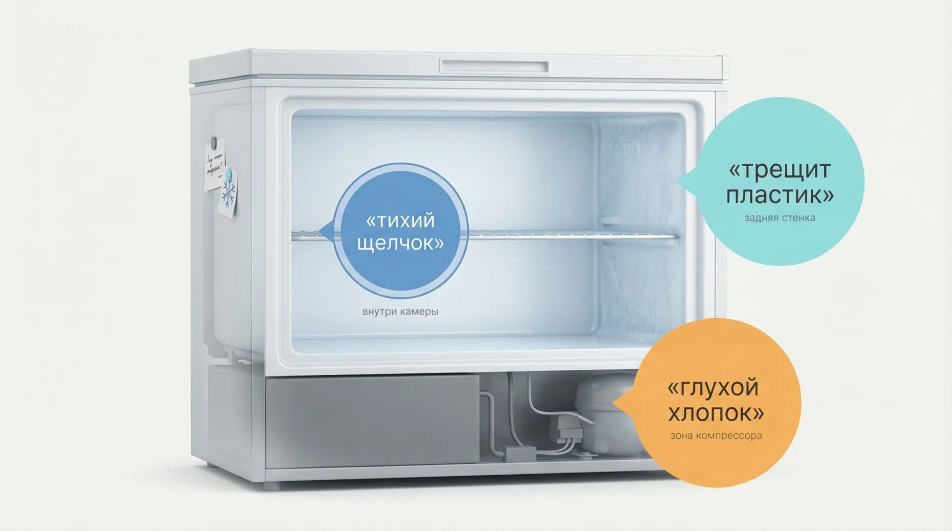 Минималистичная иллюстрация профиля морозильной камеры на светлом фоне. Камера показана сбоку в разрезе: виден внутренний объем с полкой, задней стенкой и нижней зоной