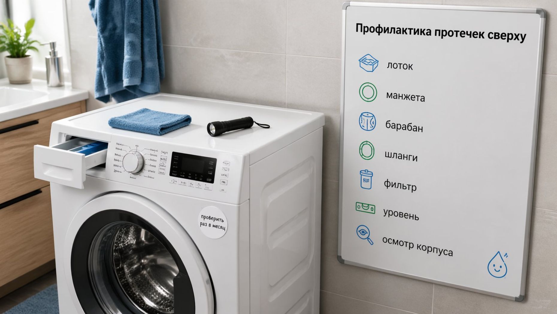 Современная стиральная машина в небольшой ванной, вид немного сверху и сбоку. Рядом висит крупный вертикальный чек‑лист на магнитной доске или стене. У чек‑листа заголовок сверху