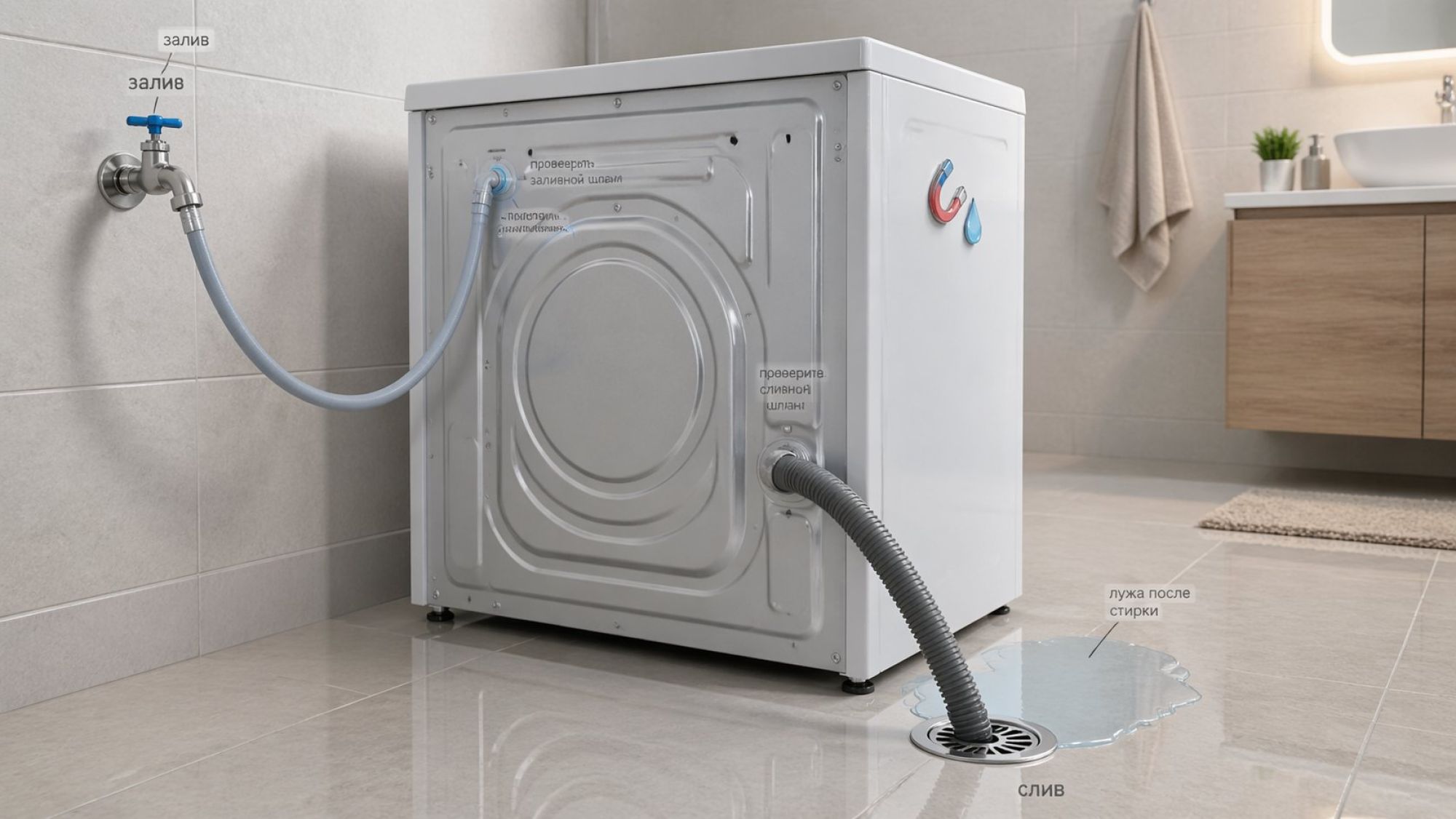 Современная ванная комната в аккуратном минималистичном стиле, в центре — фронтальная стиральная машина, немного отодвинутая от стены. На полу рядом с задней частью машины