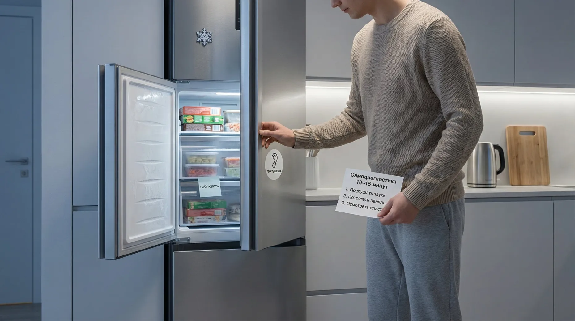 Современная аккуратная кухня в мягких холодных тонах, вечернее освещение. На переднем плане наполовину открытая морозильная камера в составе холодильника; рядом стоит человек в