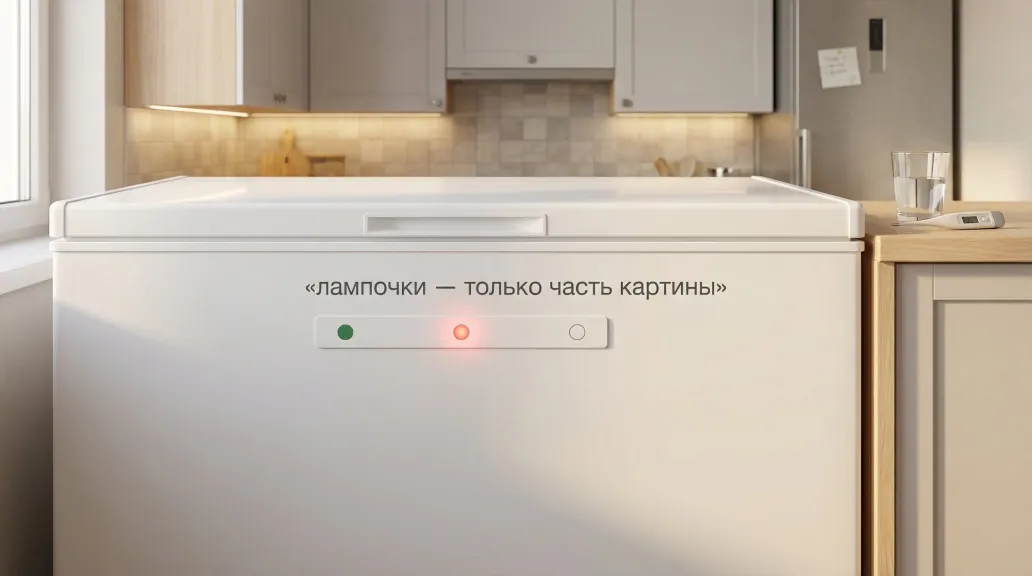 Полустилизованный интерьер кухни в современном минималистичном стиле. На переднем плане — горизонтальная морозильная камера с простой панелью из трёх круглых лампочек: слева