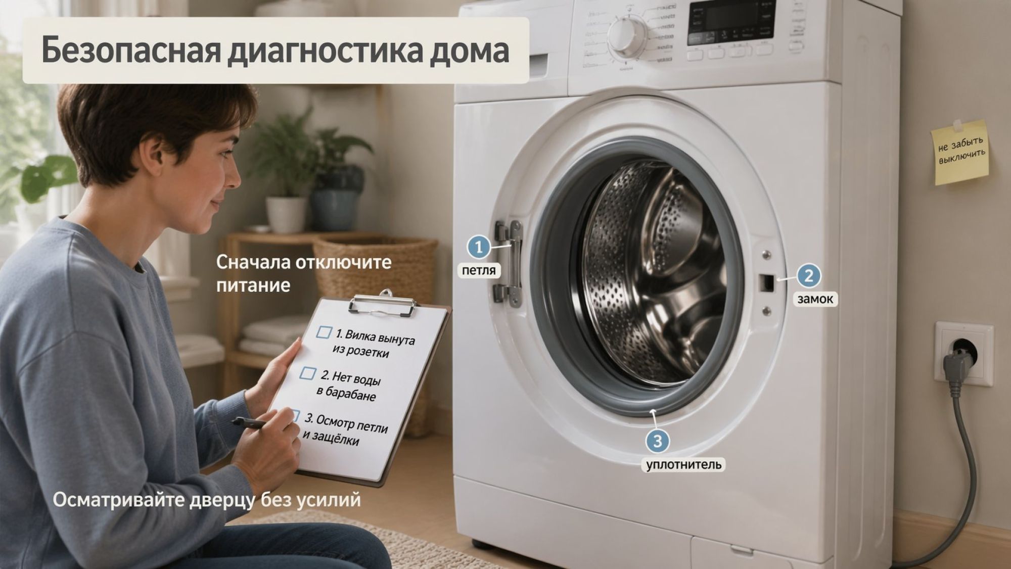 Современная стиральная машина показана крупным планом на уровне дверцы. Композиция разделена на два смысловых блока: слева — спокойный владелец, справа — сама машина с отмеченными