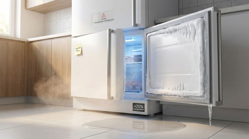 Современный холодильник в светлой кухне, акцент на приоткрытой дверце морозильной камеры. Вокруг кромки дверцы заметна явная полоса инея и наросшие бортики льда, в одном нижнем