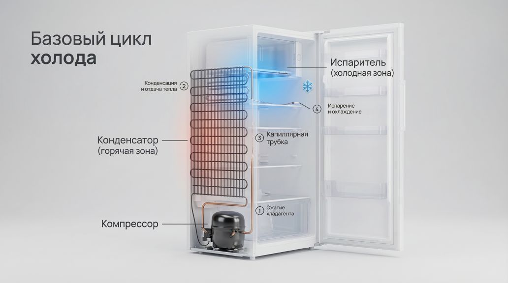 Схематичный разрез обычного холодильника в современном минималистичном стиле, вид сбоку. Корпус полупрозрачный, чтобы были видны основные узлы: внизу сзади черная «бочка»