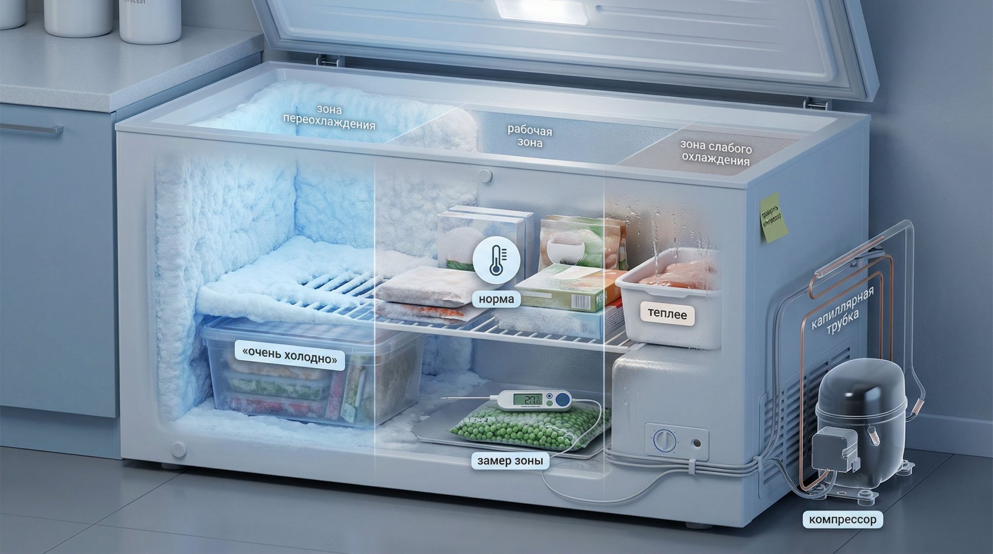 Изометрический вид открытой морозильной камеры среднего размера. Внутри несколько явно выделенных зон с разной температурой. Левая задняя часть камеры покрыта толстой коркой льда