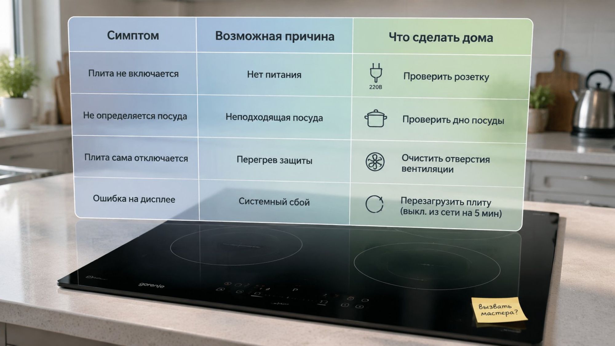 Чистая современная кухня, на переднем плане индукционная варочная панель сверху, вид слегка под углом. Вокруг плиты полупрозрачная таблица-схема «симптомы по действиям», как будто