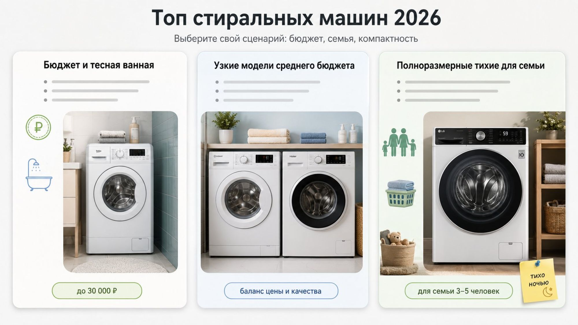Горизонтальная инфографика в современном минималистичном стиле: три крупные карточки‑колонки рядом, каждая как «плитка» с условным набором моделей. Сверху по центру крупный