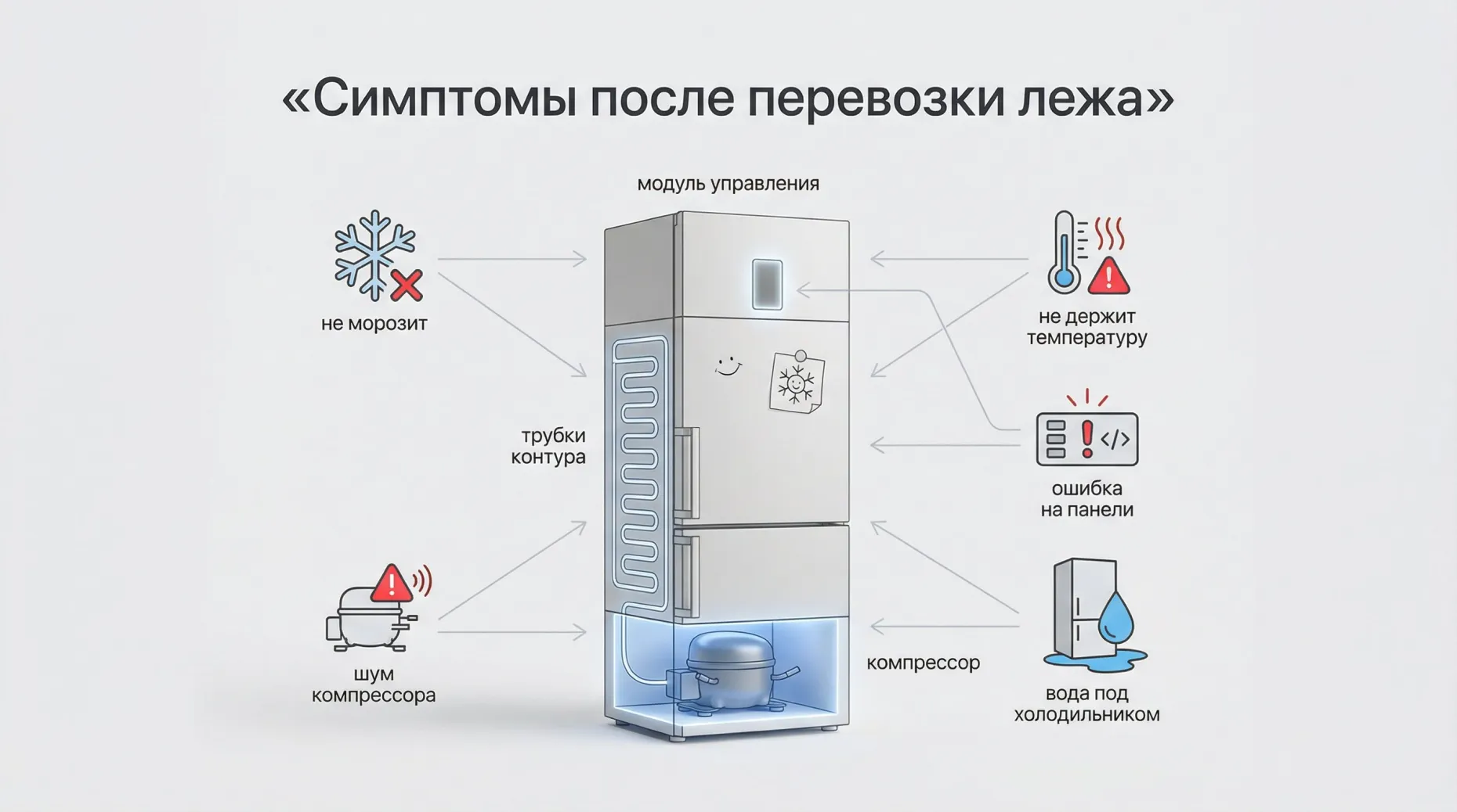 Инфографика на светлом фоне: по центру схематичный холодильник в современном минималистичном стиле, разделённый на несколько зон с подписями. Вокруг него по кругу расположены
