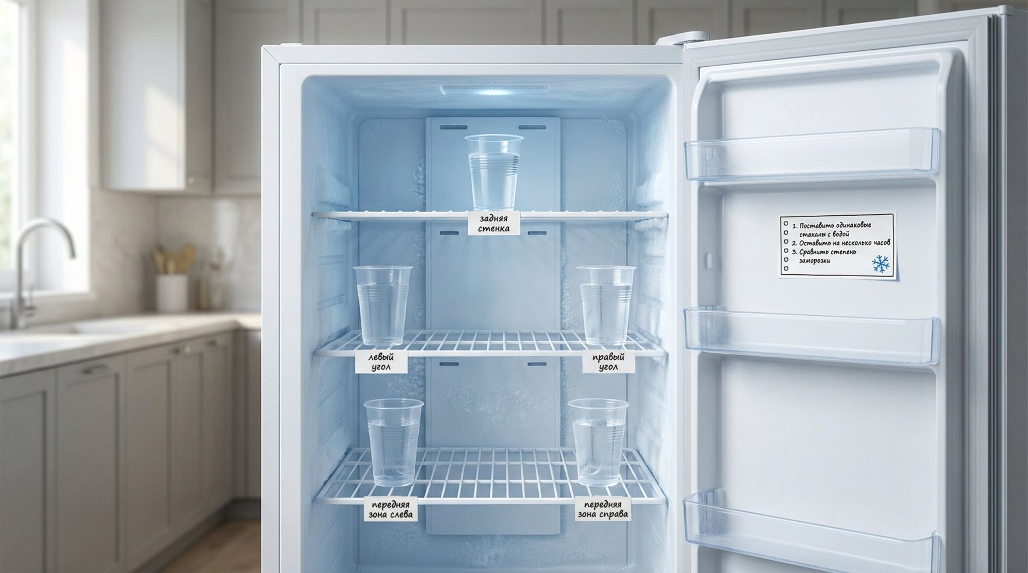 Небольшая современная кухня, на переднем плане открытая морозильная камера. Видна аккуратная, не перегруженная решетчатыми полками морозилка. На средней полке — 5 одинаковых