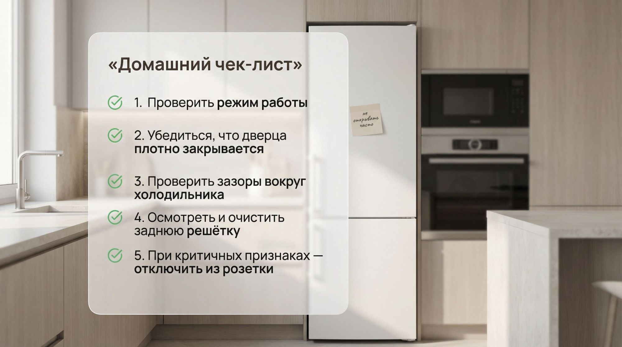 Современная кухня в мягких нейтральных тонах, в центре — стандартный белый холодильник в полный рост, вид слегка под углом. На переднем плане — крупный, полупрозрачный чек‑лист в