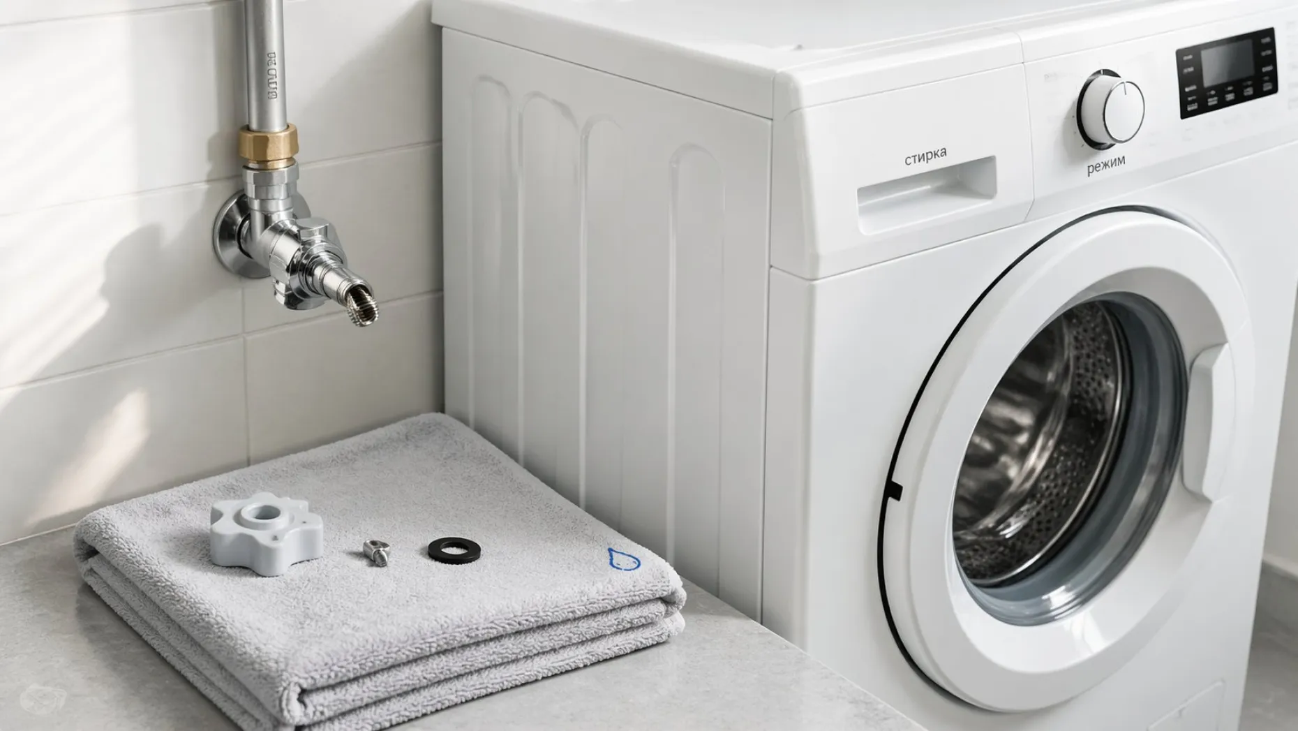 Горизонтальная сцена: крупный план стиральной машины у стены, рядом на трубе виден кран подачи воды к машинке. Вся композиция светлая, современная, без лишних деталей. На переднем