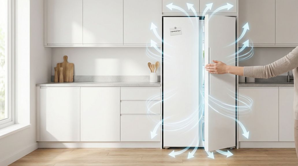 Современная светлая кухня, в центре — стандартный белый холодильник в полный рост, дверь только что закрыта рукой человека (видна лишь рука и часть корпуса, чтобы не отвлекать)