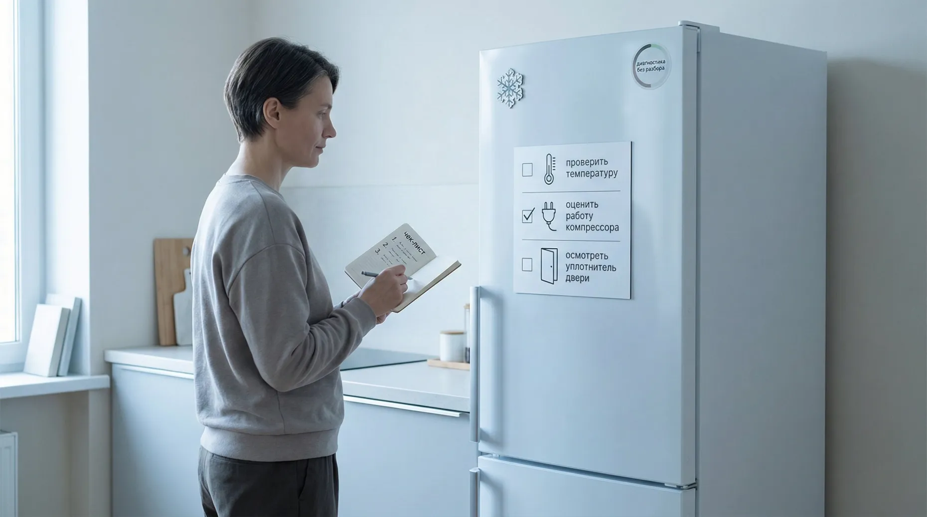 Горизонтальная иллюстрация в современном минималистичном стиле: вид сбоку на отдельно стоящую морозильную камеру в кухне. Человек средних лет, без пола по внешнему виду