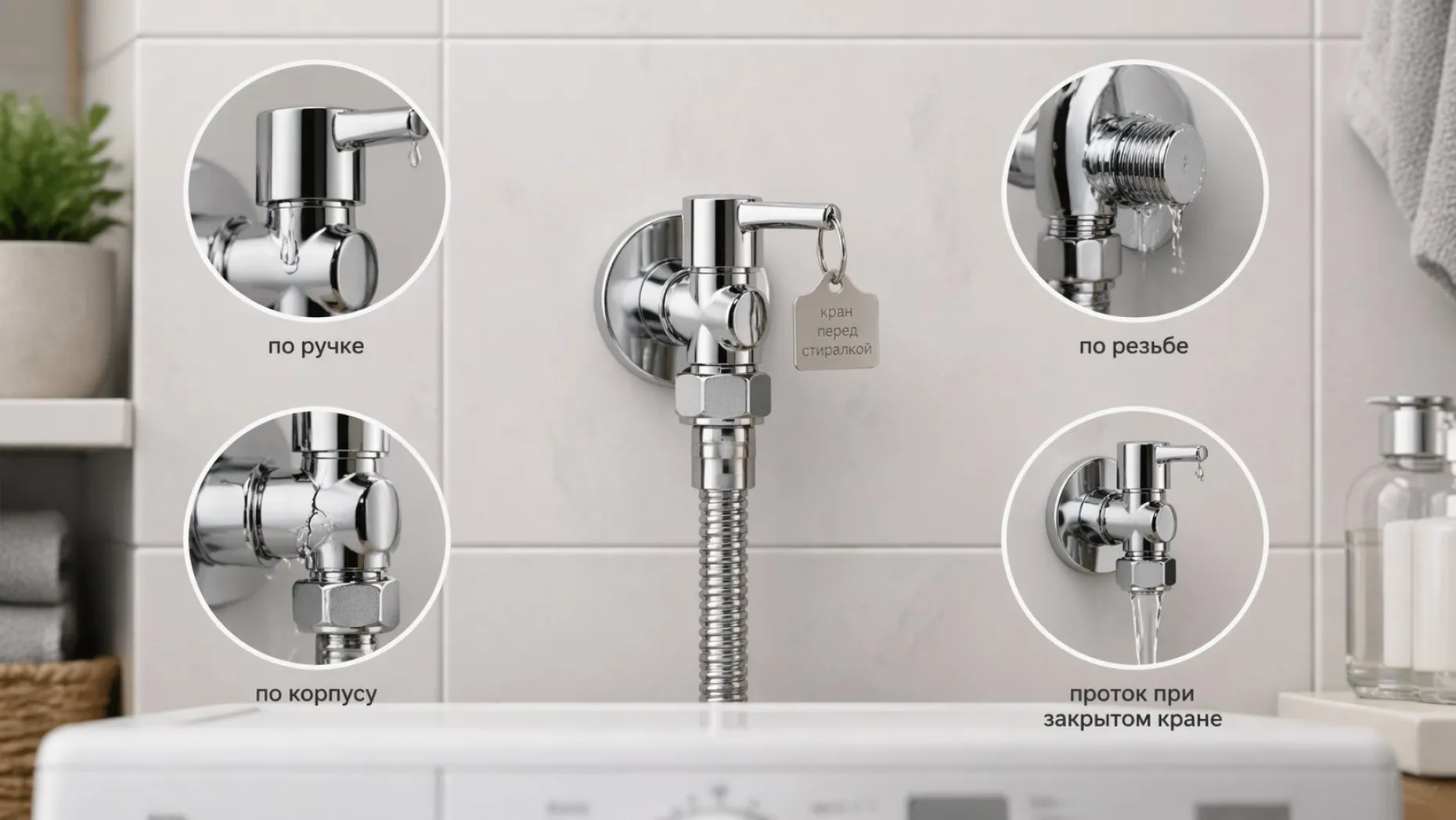 Вертикальная современная иллюстрация: кусок стены в зоне подключения стиральной машины, видно настенный кран перед стиралкой и гибкий шланг. Стена светлая, сам кран нейтрального