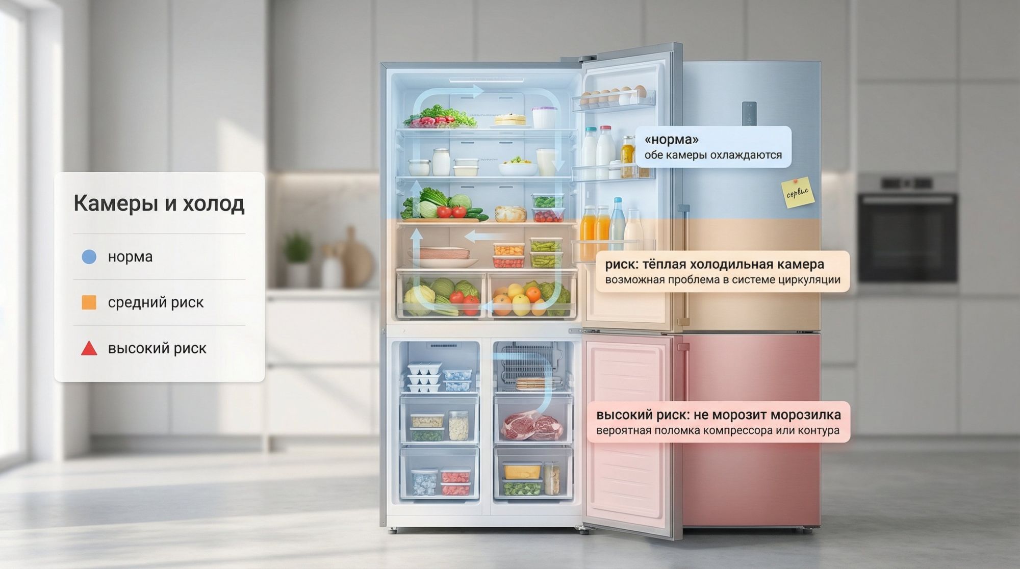 Аккуратный современный двухкамерный холодильник в разрезе, видны верхняя холодильная камера и нижняя морозилка. Слева от холодильника вертикальная легенда с крупным заголовком