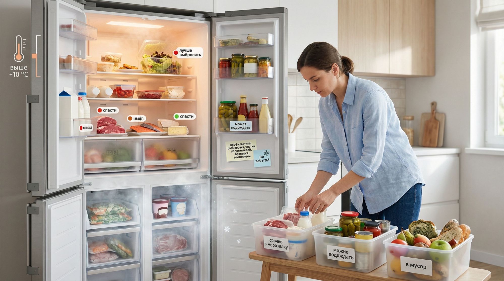 Горизонтальная сцена-иллюстрация: открытый двухкамерный холодильник, верхняя камера явно тёплая (слева небольшая пиктограмма термометра с надписью возле верхней полки «выше +10