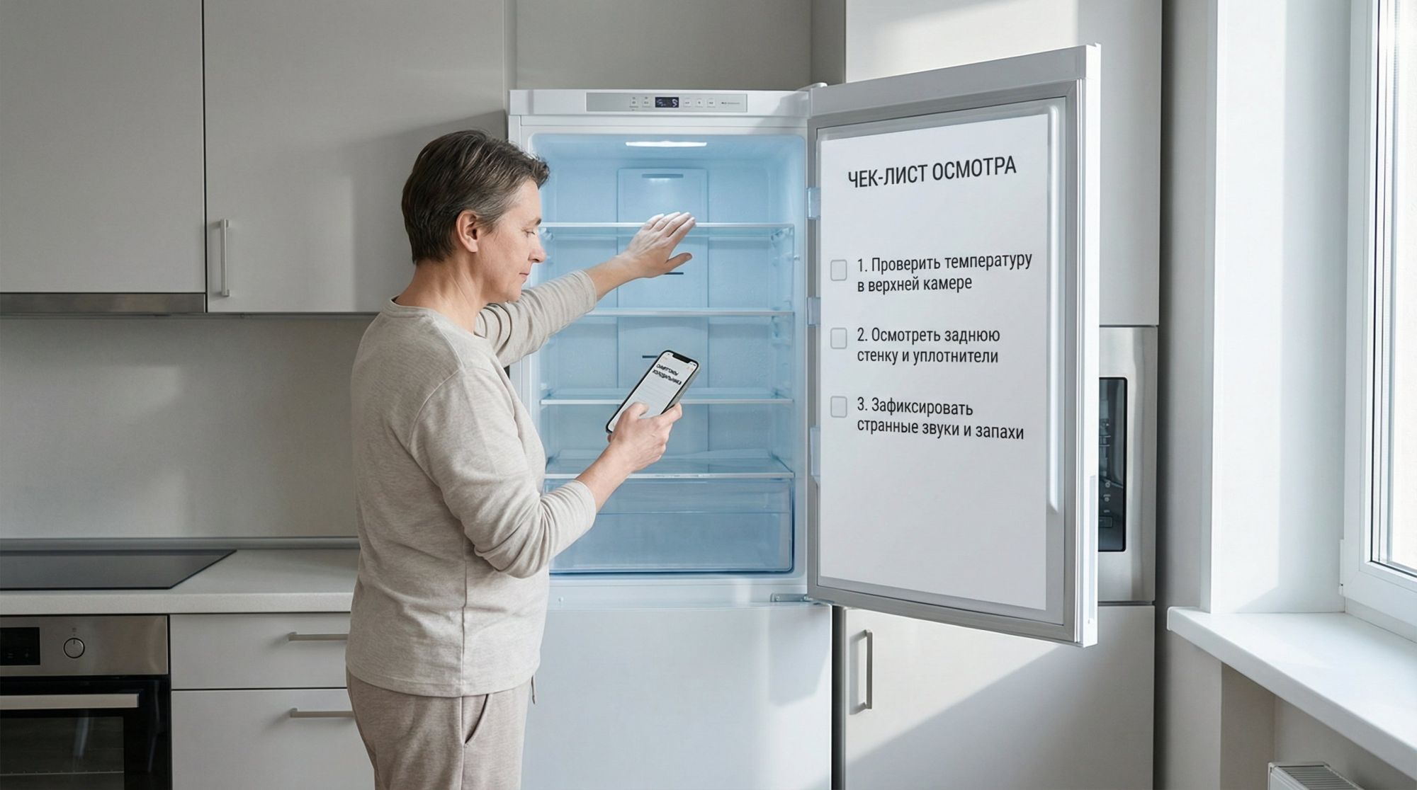 Современная кухня в нейтральных тонах, в центре — обычный двухкамерный холодильник. Дверь верхней камеры открыта, человек средних лет стоит сбоку с телефоном в руке и что‑то