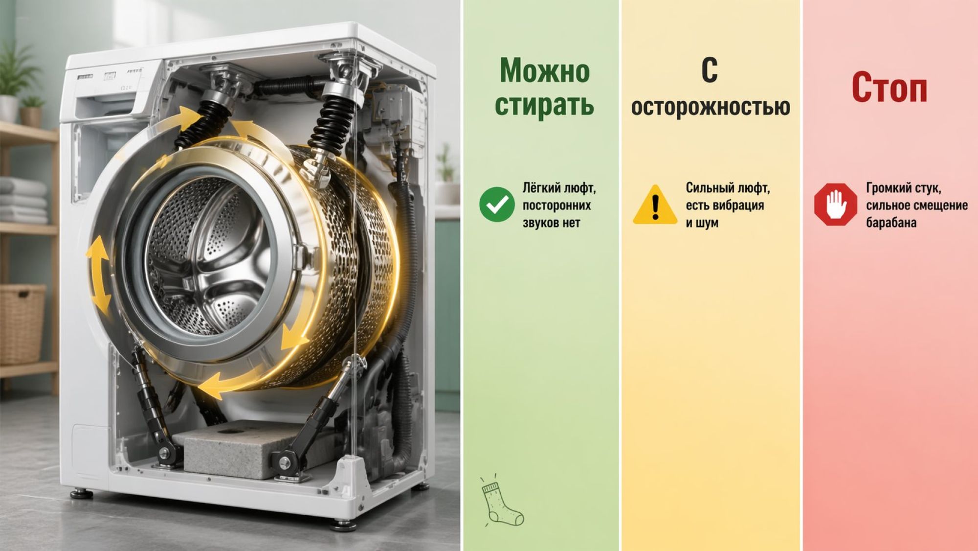 Горизонтальная иллюстрация: стиральная машина в разрезе сбоку, выделен барабан внутри. Справа от машины три вертикальные зоны с крупными подписями, отражающими три степени