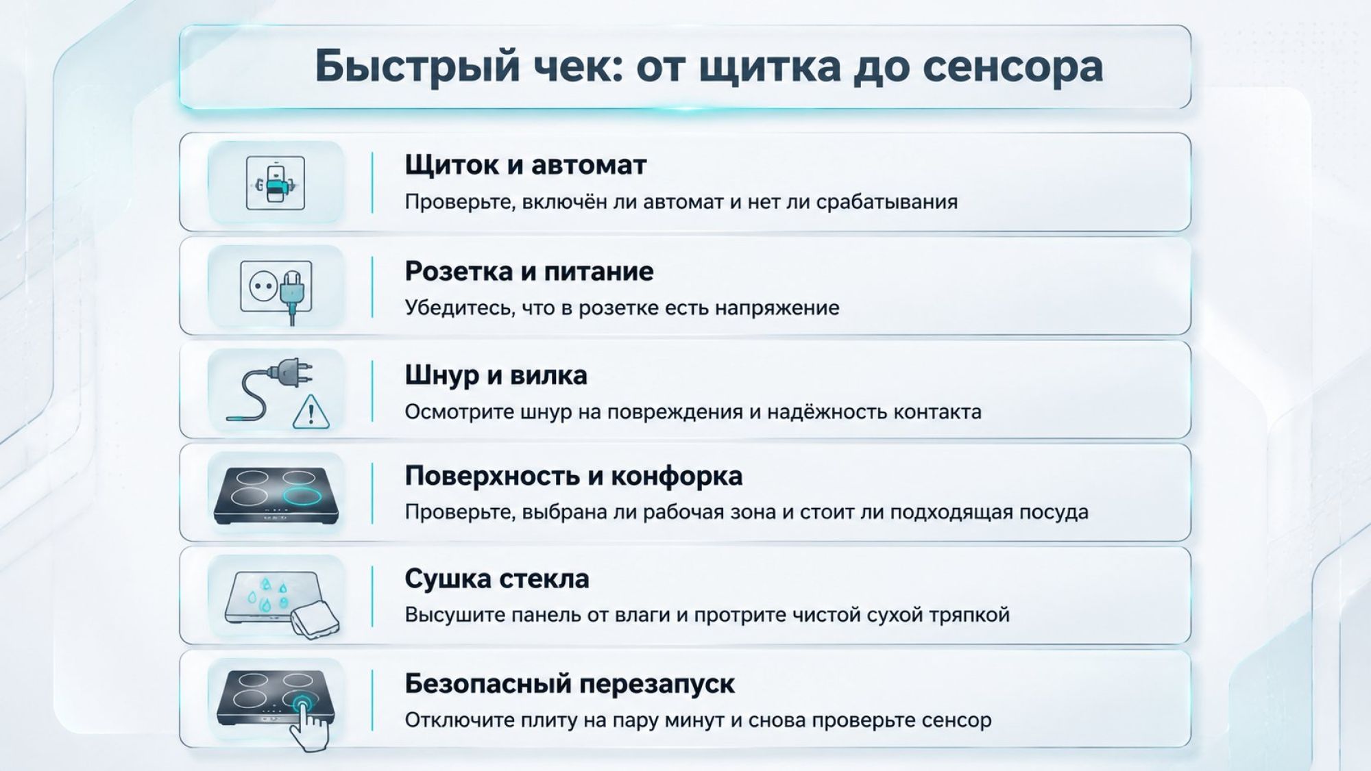 Вертикальная инфографика-чеклист из 6 шагов, каждый шаг — горизонтальная карточка с иконкой слева и текстом справа. Сверху заголовок по центру крупным шрифтом: «Быстрый чек: от