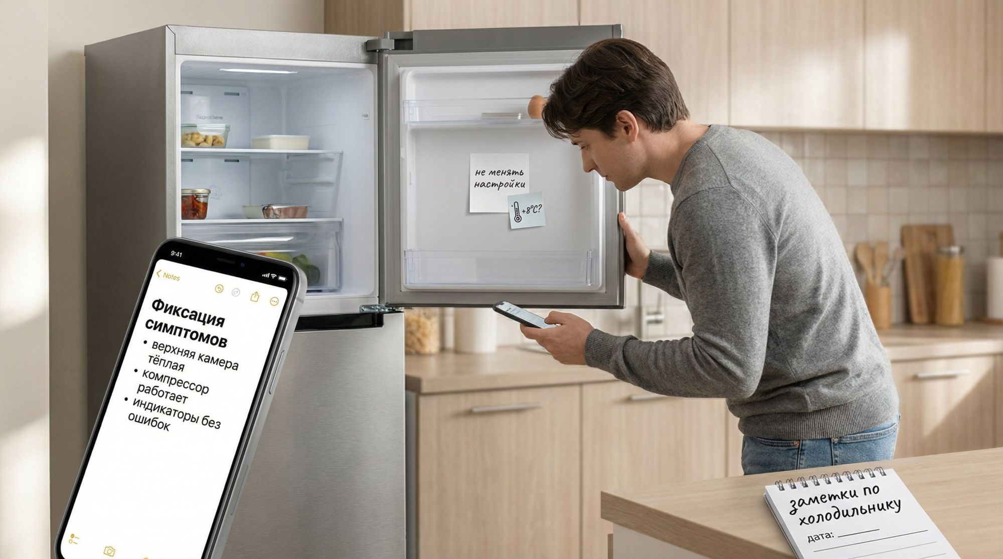 Современная кухня в нейтральных тонах, в центре — открытый двухкамерный холодильник. Человек в домашней одежде (вид сбоку, без детализации лица) слегка наклонился и внимательно